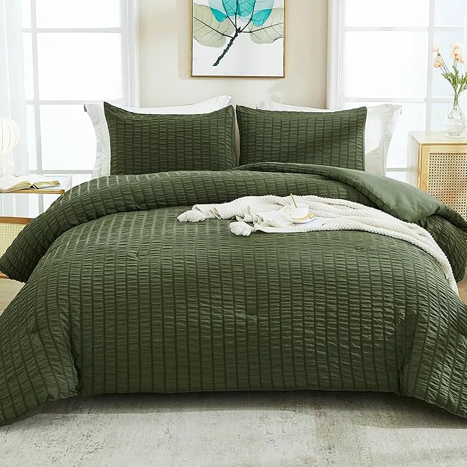 Verified AveLom Dark Olive Green Seersucker Queen Comforter Set 90×90 inches 3 Pieces- Soft Washed Microfiber Lightweight Comforter with 2 Pillowcases All Season Down Bedding Set Organic