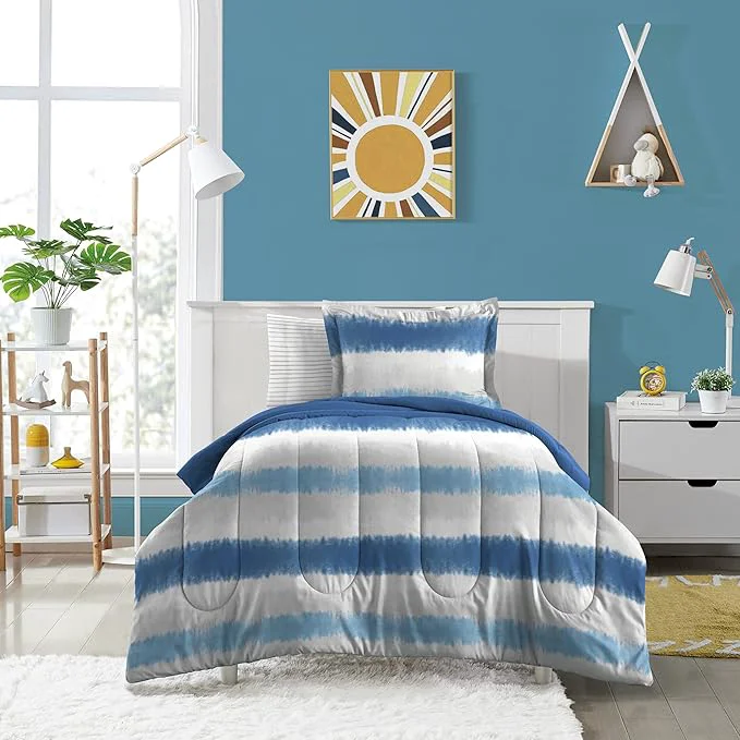 Contemporary Dream Factory Kids 5-Piece Complete Bed Set Easy-Wash Super Soft Microfiber Comforter Bedding Twin Blue Tie Dye Stripe 2D872901BL Optimized