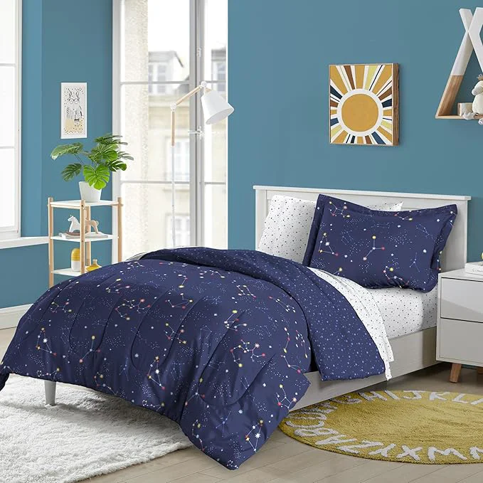 Artisan Dream Factory Kids 7-Piece Complete Bed Set Easy-Wash Super Soft Microfiber Comforter Bedding Full Navy Blue Zodiac Powerful