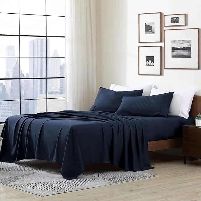 Traditional Cathay Home Essentials Ultra Soft Hypoallergenic Wrinkle Resistant Double Brushed Microfiber Bedding Sheet Set Navy Twin XL Solid