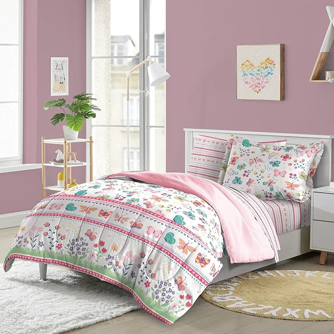 Luxury Dream Factory Kids 5-Piece Complete Bed Set Easy-Wash Super Soft Microfiber Comforter Bedding Twin Pink Butterfly Garden Convenient