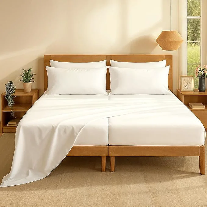 Effective Casa Platino Split King Sheets Set – Cotton Split King Sheets with 4 Pillowcases Lightweight Feel amp Secure Fit Crisp amp Breathable Percale Weave with 15 quot Deep Pocket Soft and Cozy – Pure White Specialty
