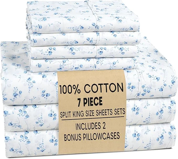 Innovative Casa Platino Cotton Sheets Split King Size Set – 7 Pieces 1 Flat 2 Fitted 4 Pillowcases – Soft Breathable amp Cooling Percale Bed Sheets with Deep Pocket – Split King Sheet Set – Floralis Premium