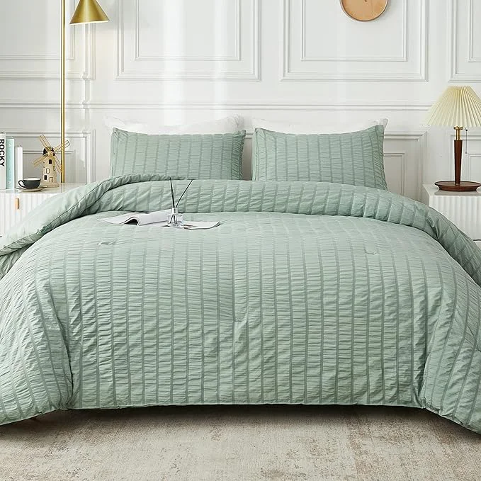 Artisan AveLom Sage Green Seersucker California King Comforter Set 104×96 inches 3 Pieces- Soft Washed Microfiber Lightweight Comforter with 2 Pillowcases All Season Down Bedding Set Responsible
