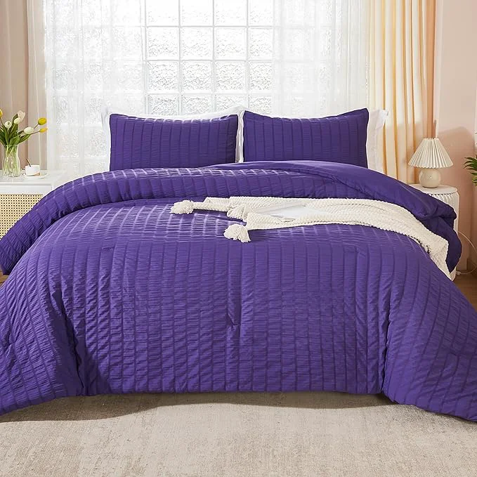 Proven AveLom Dark Purple Seersucker Full Comforter Set 80×90 inches 3 Pieces-Soft Washed Microfiber Lightweight Comforter with 2 Pillowcases All Season Down Comforter Set for Bedding Innovative