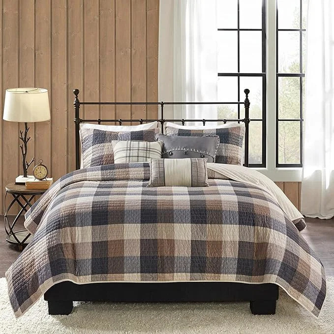 Professional Madison Park Reversible Quilt Cabin Lifestyle Plaid Design – All Season Breathable Coverlet Bedspread Bedding Set Matching Shams Full Queen 90 quot x90 quot Neutral 6 Piece Relaxed
