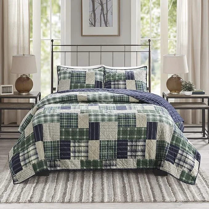 Trendy Madison Park Reversible Quilt Cabin Lifestyle Plaid Design – All Season Breathable Coverlet Bedspread Bedding Set Matching Shams Full Queen 90 quot x90 quot Green Navy 3 Piece Long-Lasting