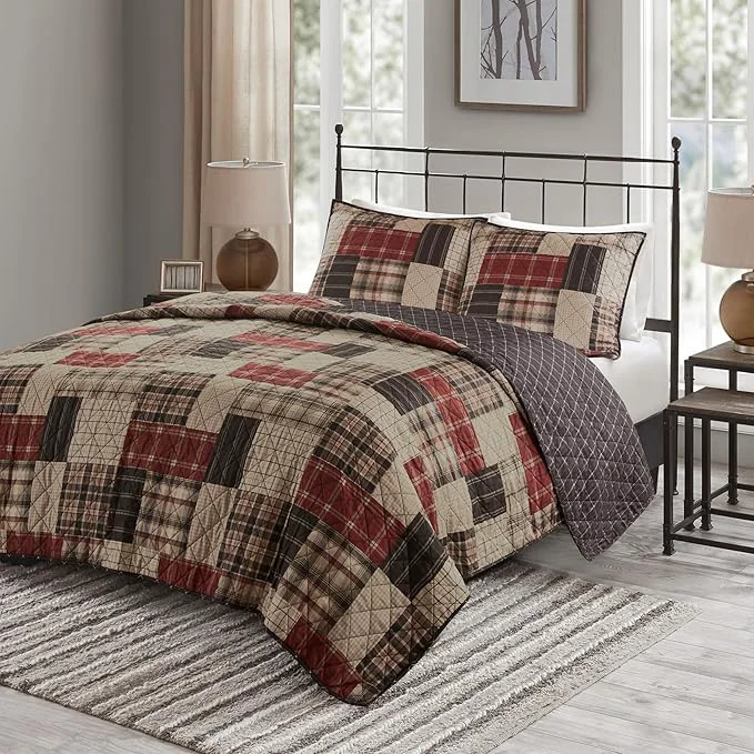 Comfortable Madison Park King Quilt Set Patchwork Farmhouse Diamond Quilting Reversible Coverlet Set for King Size Bed Plush Cotton Filled Quilt Set King Size Shams King Cal King Red Black 3 Piece High-Performance