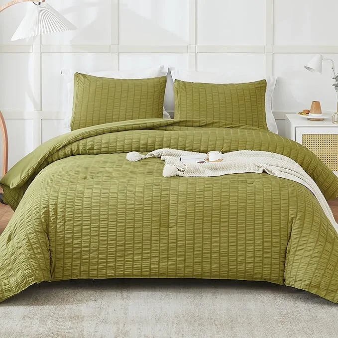Eco-Friendly AveLom Olive Green Seersucker California King Comforter Set 104×96 inches 3 Pieces- Soft Washed Microfiber Lightweight Comforter with 2 Pillowcases All Season Down Bedding Set Natural