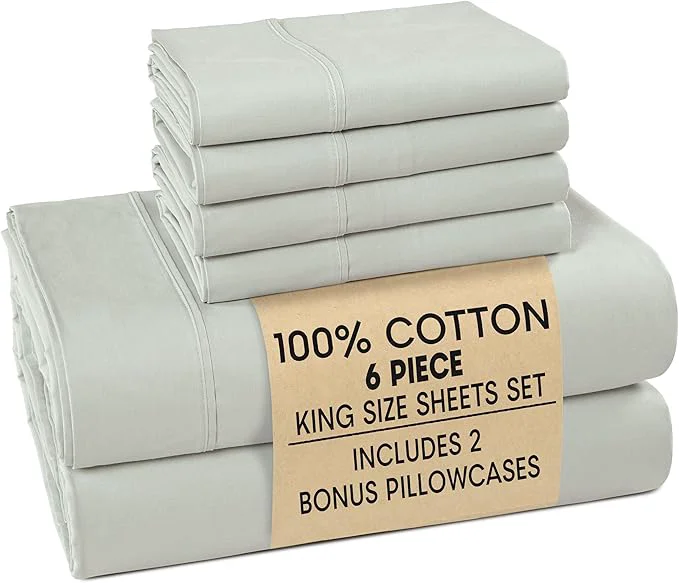 Classic Casa Platino King Percale Sheet Set– 6 Piece Cotton Sheet Set King with 15 Deep Pocket Fitted Sheet Crisp Weave for Cool Cozy Sleep Soft amp Breathable Everyday Essential Sheets – Silver Sustainable