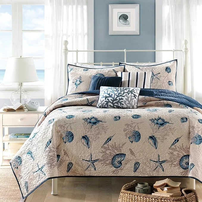 Pure Madison Park Quilt Set Cottage Coastal Design Starfish Print – All Season Coverlet Bedspread Lightweight Bedding Layer Shams Toss Pillows Twin Twin XL 68 quot x90 quot Bayside Blue Ivory 5 Piece Original Design