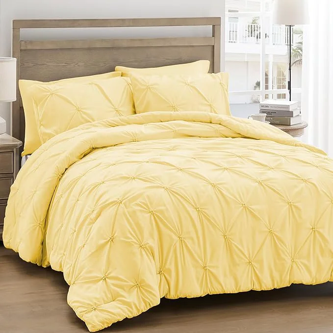 Premium Material UNIKOME King Size Comforter Set Yellow – Ultra Soft Boho Pintuck Down Bedding Set for All Seasons 3 Pieces Lightweight Warm Pinch Pleat Bed Set with Comforter 2 Pillowcases Organic