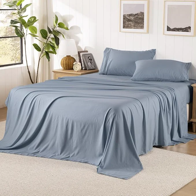 Reliable Blue Grey King Size Sheet Set Pre-washed Microfiber Cotton-Like 4 Pcs Ultra Soft Bedding Set King Breathable Cooling Skin-Friendly All Seasons 1 Fitted 1 Flat 2 Pillowcases Blue Grey King Responsible