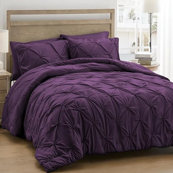 Top-Quality UNIKOME King Size Comforter Set Purple – Ultra Soft Boho Pintuck Down Bedding Set for All Seasons 3 Pieces Lightweight Warm Pinch Pleat Bed Set with Comforter 2 Pillowcases User-Friendly
