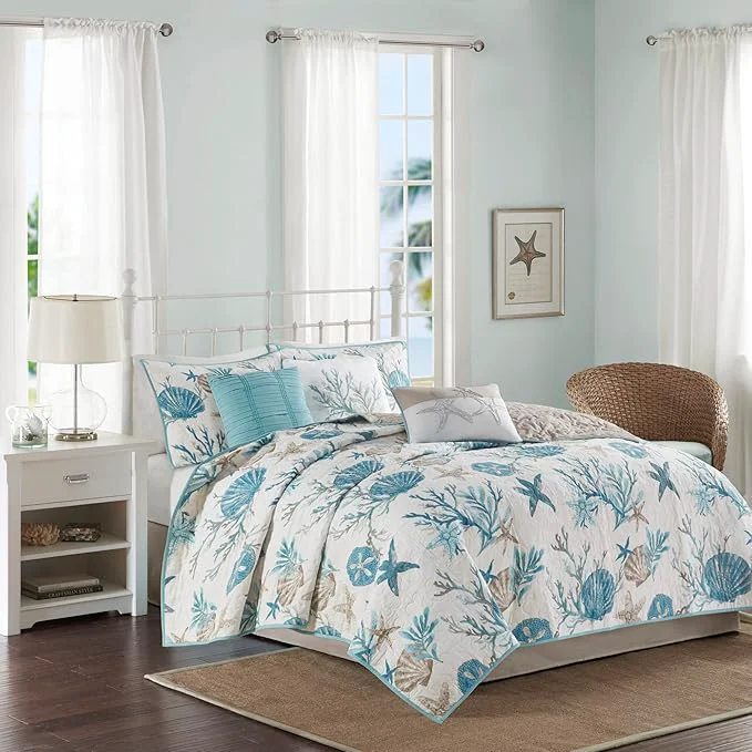 Unique Madison Park Quilt Set Cottage Coastal Design Starfish Print – All Season Lightweight Coverlet Bedding Layer Shams Toss Pillows Pebble Beach Aqua Full Queen 90 in x 90 in 6 Piece Environmentally Friendly