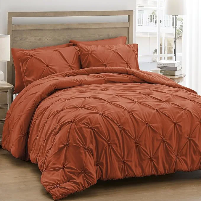 Refined UNIKOME King Size Comforter Set Burnt Orange – Ultra Soft Boho Pintuck Down Bedding Set for All Seasons 3 Pieces Lightweight Warm Pinch Pleat Bed Set with Comforter 2 Pillowcases Innovative