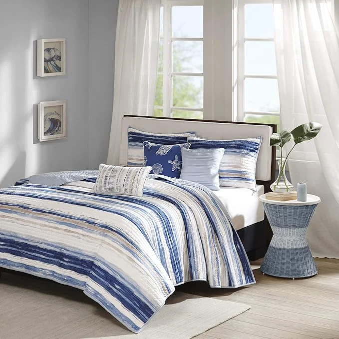 Elite Madison Park Quilt Set Cottage Coastal Design 6 Piece Set – All Season Coverlet Bedspread Lightweight Bedding Layer Shams Toss Pillows King Cal King 104 quot x94 quot Blue White Sophisticated