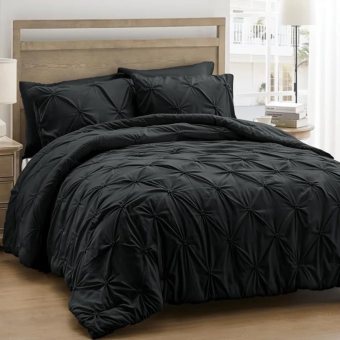 World-Class UNIKOME Queen Comforter Set Black – Ultra Soft Boho Pintuck Down Bedding Set for All Seasons 3 Pieces Lightweight Warm Pinch Pleat Bed Set with Comforter 2 Pillowcases Stylish