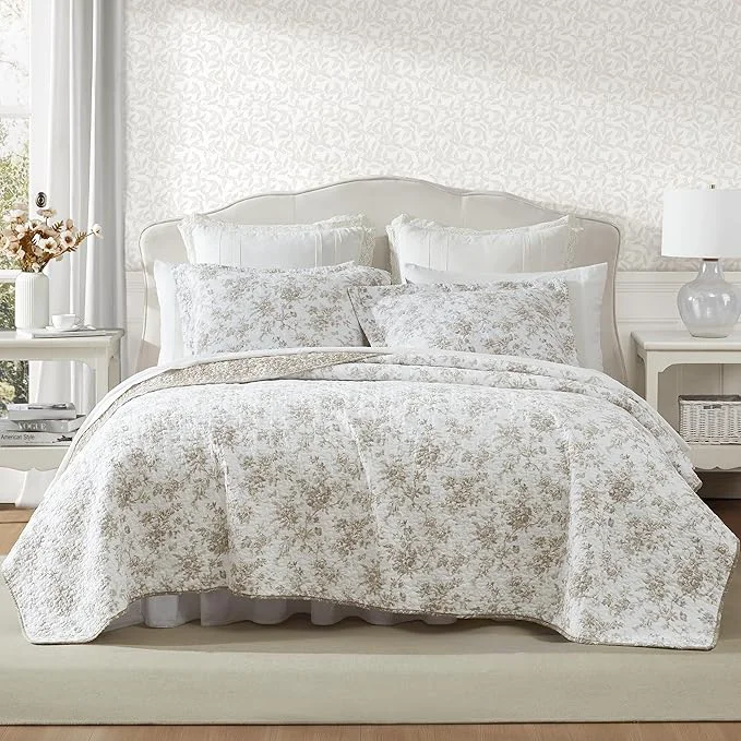Versatile Laura Ashley – King Quilt Set Reversible Floral Cotton Bedding with Matching Shams Medium Weight for Year Round Use Oek-Tex Walled Garden Brown Solid