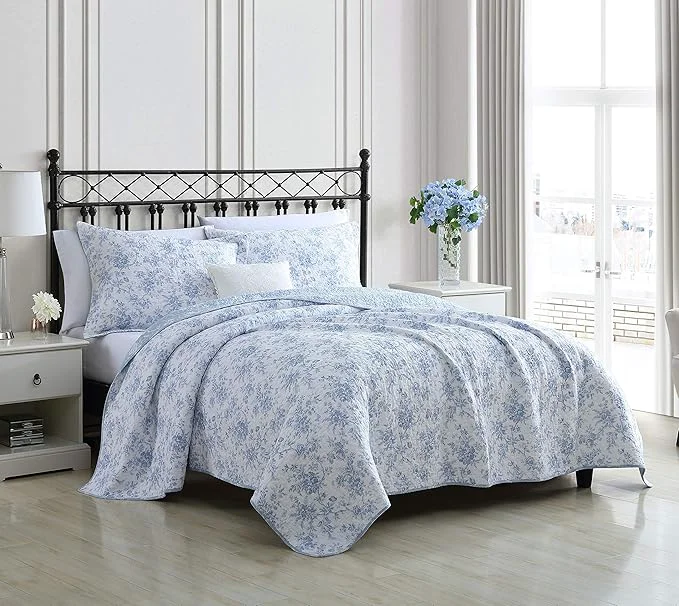 Trendy Laura Ashley Home – Twin Quilt Set Reversible Floral Cotton Bedding with Matching Sham Home Decor for All Seasons Walled Garden Blue Twin Traditional