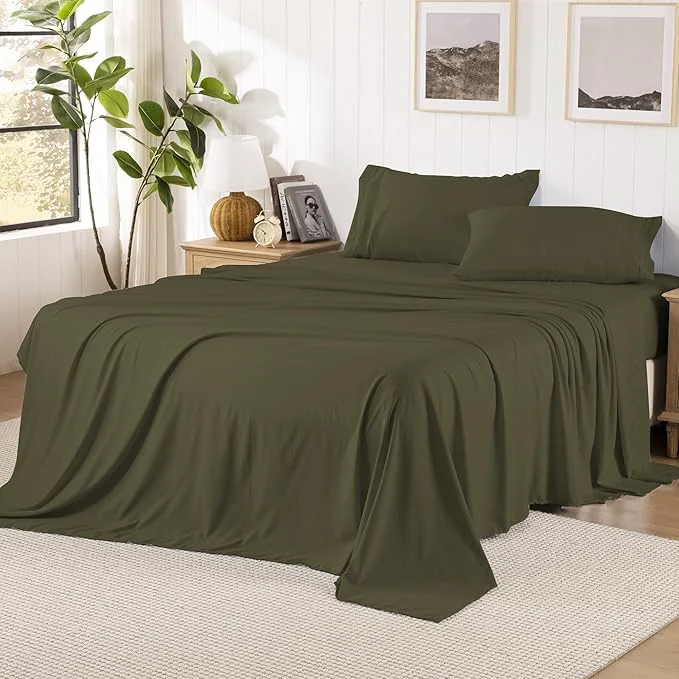 Enhanced ROSE amp RISY Dark Green Sheets Queen Sheet Set Pre-Washed Cotton-Like Brushed Microfiber 4 Pcs Super Soft Breathable Cooling Bed Sets Includes 1 Fitted 1 Flat 2 Pillowcases Dark Green Full High-End