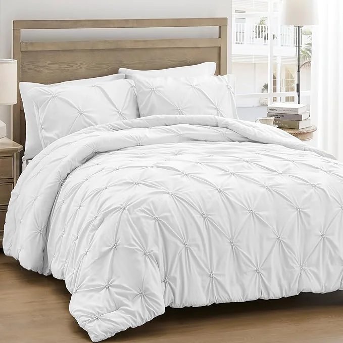 High-End UNIKOME King Size Comforter Set White – Ultra Soft Boho Pintuck Down Bedding Set for All Seasons 3 Pieces Lightweight Warm Pinch Pleat Bed Set with Comforter 2 Pillowcases Recyclable