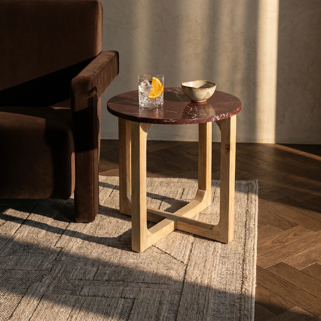 Minimalist Cherry Bordeaux Marble Side Table Ø50 cm Long-Lasting