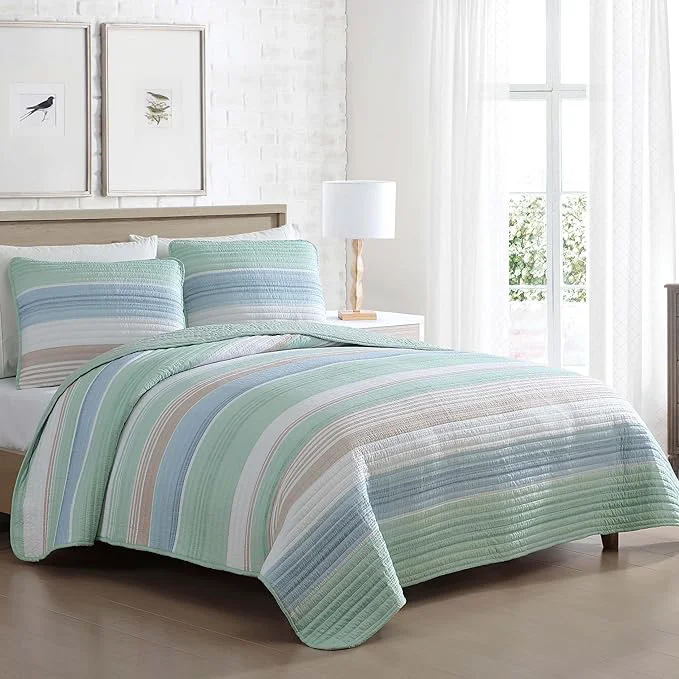 Casual Beatrice Home Fashions Coralinn Striped 3-Piece Quilt Set Lightweight All-Seasons Full Queen Sage Blue Prestigious