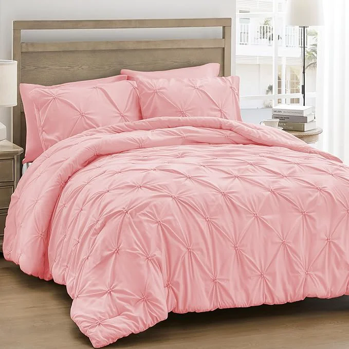 Long-Lasting UNIKOME King Size Comforter Set Pink – Ultra Soft Boho Pintuck Down Bedding Set for All Seasons 3 Pieces Lightweight Warm Pinch Pleat Bed Set with Comforter 2 Pillowcases Casual
