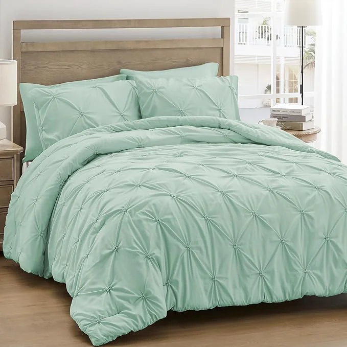 Fast UNIKOME Queen Comforter Set Sage Green – Ultra Soft Boho Pintuck Down Bedding Set for All Seasons 3 Pieces Lightweight Warm Pinch Pleat Bed Set with Comforter 2 Pillowcases Exceptional