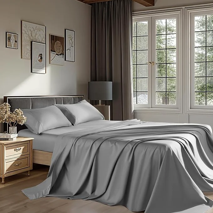 Luxury Egyptian Cotton Sheets 1200 Thread Count King Size Bedding Sets 4 Pcs Fitted Sheet Up to 16 quot Deep Breathable All Seasons King Grey Reusable