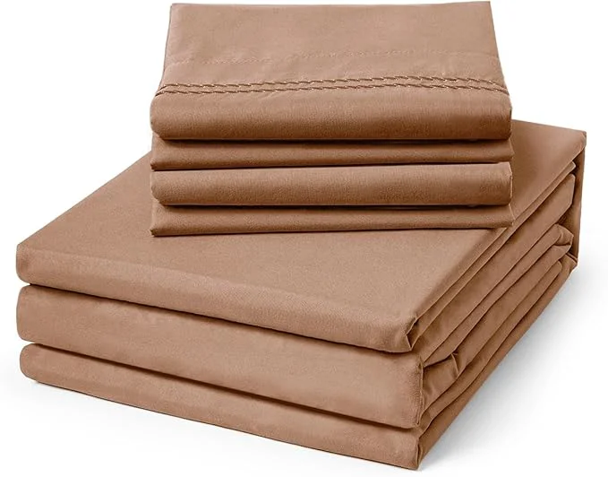 Genuine ClevaHome Sheets Twin Size Bed Set – 4 Piece Soft Breathable Luxury Bed Sheet Set – Shrinkage amp Fade Resistant Embroidered Bedding Sheet with Deep Pocket 2 Extra Pillowcases Twin Sandy Brown Artisan