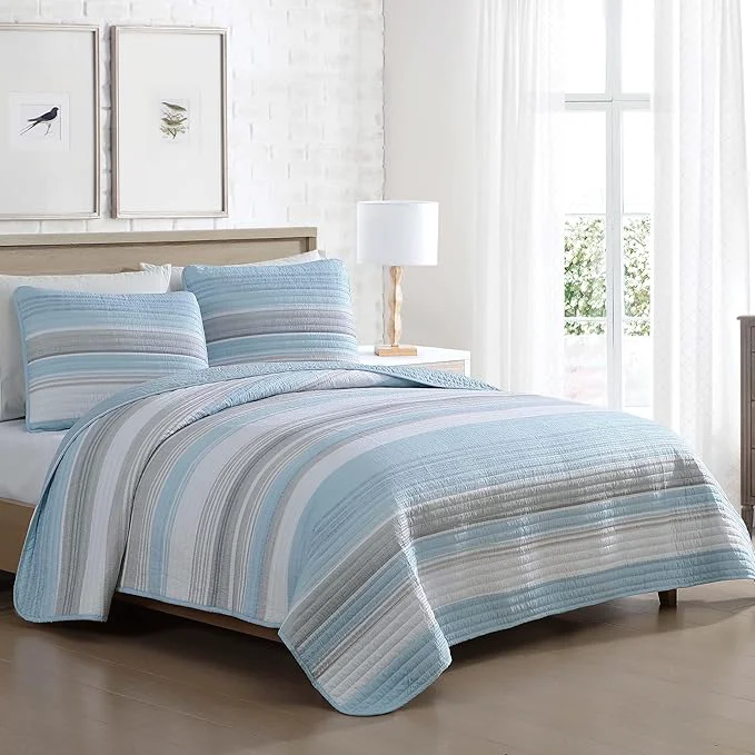 Detailed Beatrice Home Fashions Coralinn Striped 3-Piece Quilt Set Lightweight All-Seasons King Blue Gray Functional