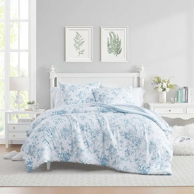 Casual Laura Ashley – Queen Comforter Set Soft amp Reversible Floral Bedding with Bonus Bed Sheets amp Pillowcases 7 Piece Bed Set for Year Round Comfort Delphine Saras Sprig Blue Fashionable