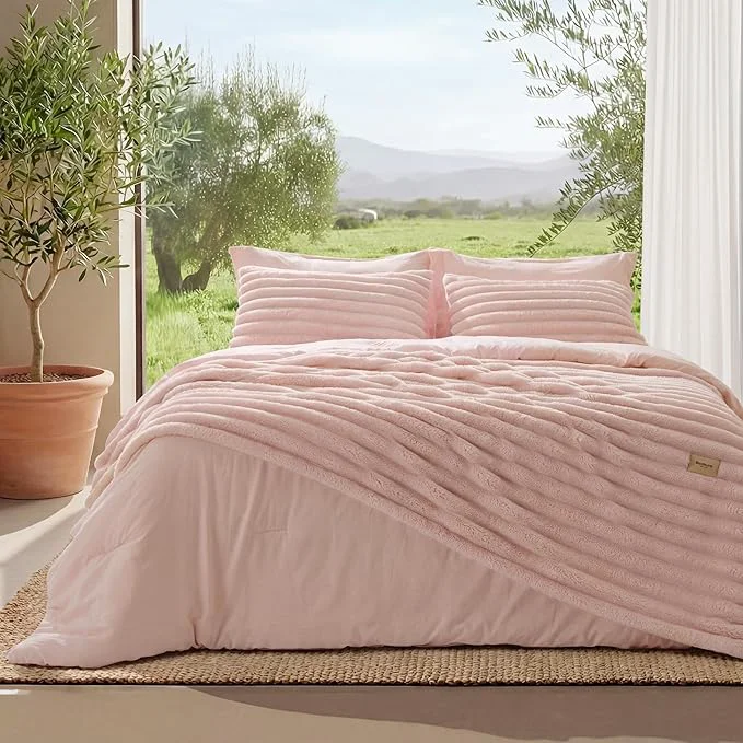 Carefully Designed Bedsure Gentlesoft™ 2-in-1 Queen Comforter Set and Detachable Fluffy Blanket Pink Bedding Set for All Season Use SnapTech Design for Space Saving Includes 2 Pillow Shams 2 Pillowcases Outstanding