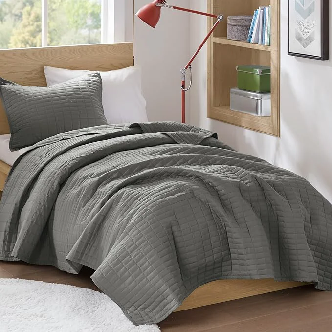 Refined Comfort Spaces Kienna Quilt Set- Double Sided Stitching Design Summer Blanket Lightweight Soft All Season Bedding Layer Matching Sham Charcoal Coverlet Twin Twin XL 66 quot x90 quot 2 Piece Fine Crafted