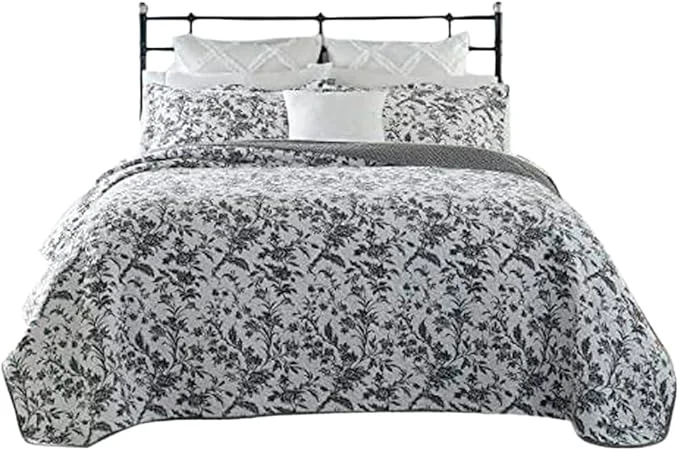 Smooth Laura Ashley – Twin Quilt Set Soft Cotton Bedding with Reversible Design Medium Weight for Year Round Use 2 Piece Bed Set with Matching Pillowcase Amberley Black White User-Friendly