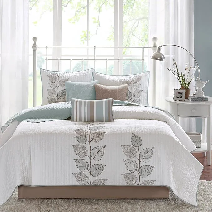Casual Madison Park Caelie Quilt Modern Classic Design All Season Breathable Coverlet Lightweight Bedding Set Matching Shams Decorative Pillow King Cal King 104 quot x94 quot Leaf Blue 6 Piece Recyclable