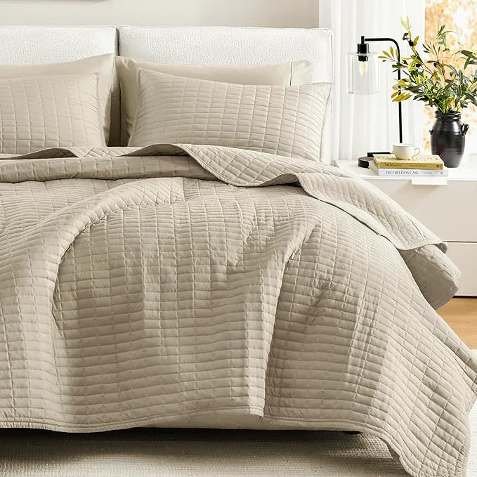 Secure Comfort Spaces Queen Quilt Set Modern Reversible Plaid Coverlet Queen Bedding Set Cozy Quilted Winter Layer All Season Lightweight Soft Queen Size Quilt Kienna Full Queen Beige 3 Piece Smart