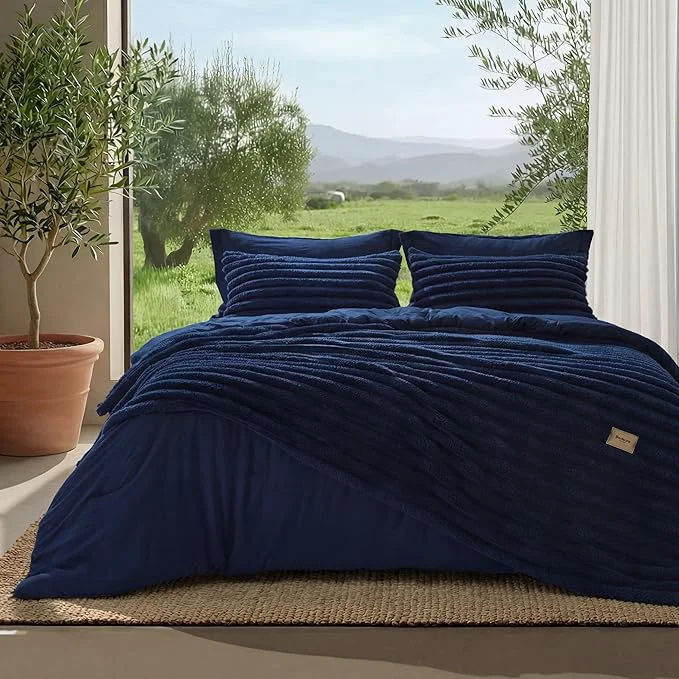 Stylish Bedsure Gentlesoft™ 2-in-1 King Size Comforter Set and Detachable Fluffy Blanket Navy Blue Bedding Set for All Season Use SnapTech™ Design for Space Saving Includes 2 Pillow Shams 2 Pillowcases Sustainable