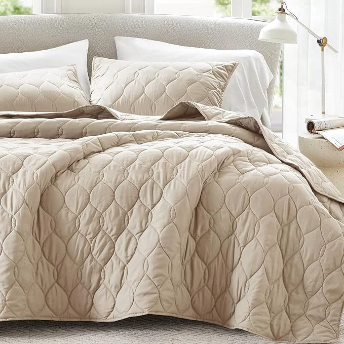 Safe Comfort Spaces Queen Quilt Set Modern Reversible Ogee Coverlet Queen Bedding Set Cozy Quilted Winter Layer All Season Lightweight Soft Queen Size Quilt Kienna Full Queen Beige 3 Piece Certified