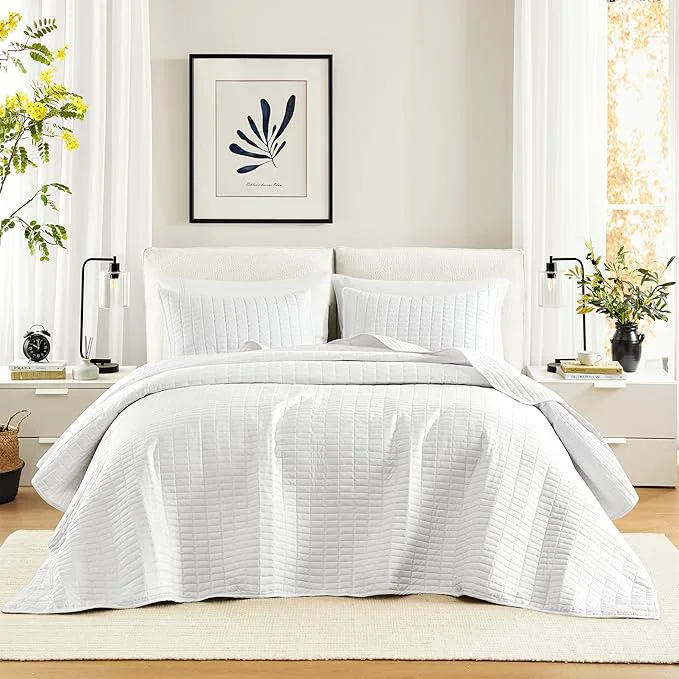 Eco-Friendly Comfort Spaces White Oversized King Quilt Set 120 quot x118 quot Bedspread Quilted Summer Lightweight Microfiber Bedding Coverlet with Double Sided Stitching Soft All Season Cozy 3 Piece with Matching Shams Fast