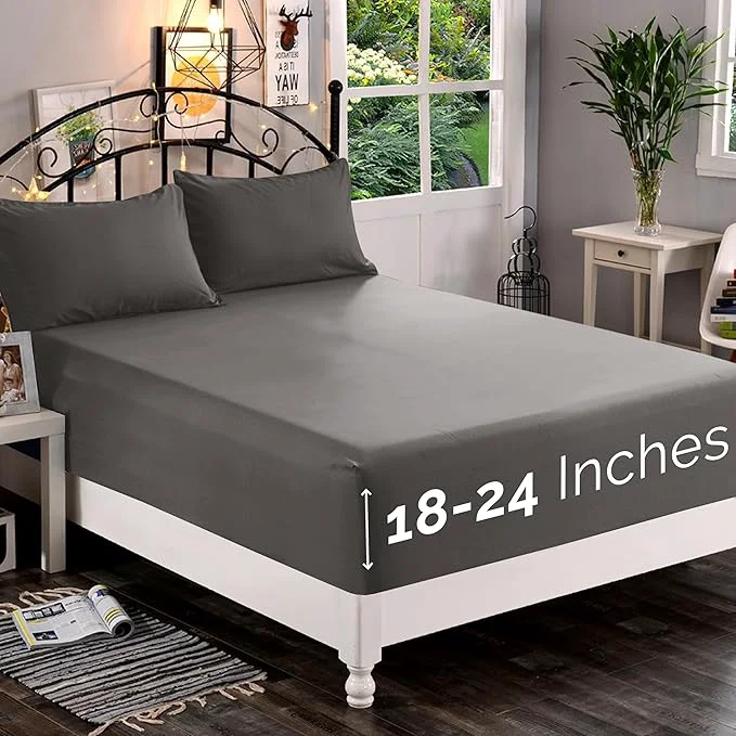 Stylish Elegant Comfort 1500 Premium Quality Fitted Sheet Ultra Soft 18-24 Inch Extra Deep Pocket – Single Fitted Sheet for High Mattress – Wrinkle with Smart Storage Pockets Twin Twin XL Gray Specialty