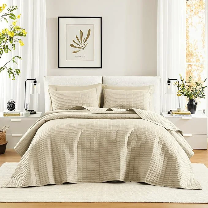 Exclusive Comfort Spaces Ivory Oversized Queen Quilt Set 102 quot x118 quot Bedspread Quilted Summer Lightweight Microfiber Bedding Coverlet with Double Sided Stitching Soft All Season Cozy 3 Piece with Matching Shams Superior