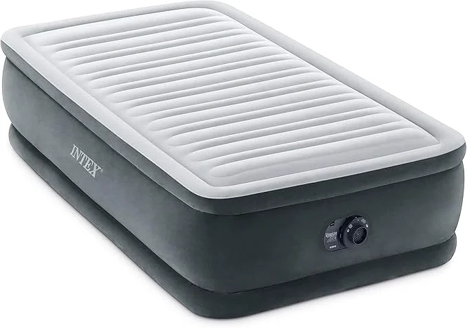 Official Intex Twin Size Air Mattress 18in Height Built-in Pump Dura-Beam Deluxe Comfort-Plush – Portable Inflatable Blow-up Bed for Camping Travel Guests Natural