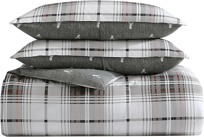 Exceptional Eddie Bauer – Queen Comforter Set Reversible Cotton Bedding with Matching Shams Plaid Home Decor for All Seasons Alder Grey Red Queen Premium