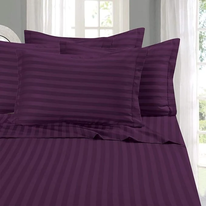 Pure Elegant Comfort Softest Coziest 6-Piece Sheet Sets – 1500 Premier Hotel Quality Luxurious Wrinkle Resistant 6-Piece Damask Stripe Bed Sheet Set California King Eggplant Purple Superior