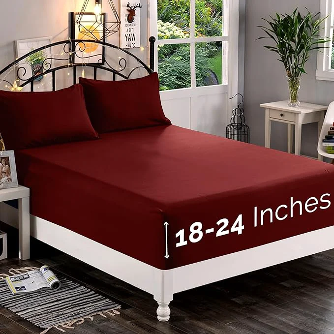 Expertly Made Elegant Comfort 1500 Premium Quality Fitted Sheet Ultra Soft 18-24 Inch Extra Deep Pocket – Single Fitted Sheet for High Mattress – Wrinkle with Smart Storage Pockets Twin Twin XL Burgundy Natural