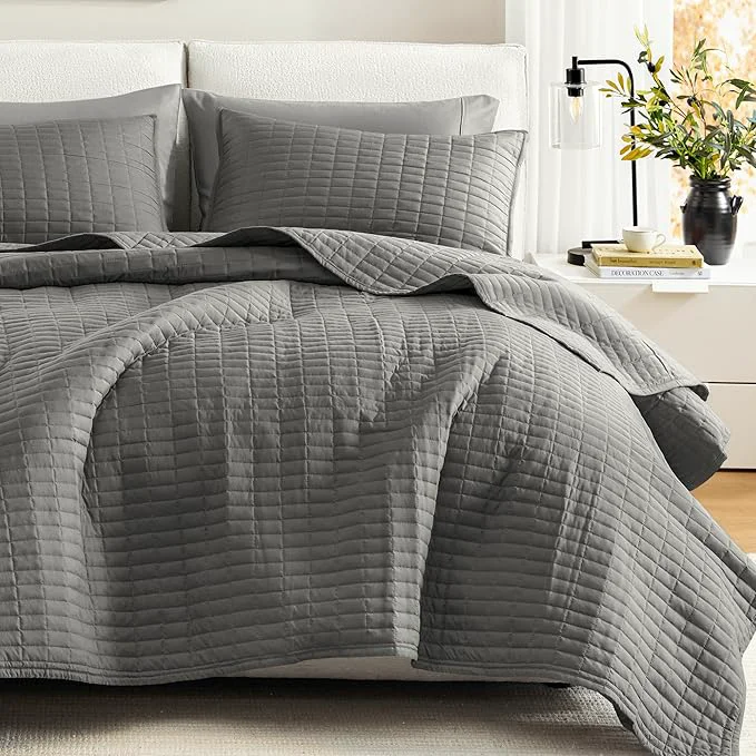 Secure Comfort Spaces Kienna Quilt Set- Double Sided Stitching Design Summer Blanket Lightweight Soft All Season Bedding Layer Matching Sham Charcoal Coverlet Full Queen 90 quot x90 quot 3 Piece