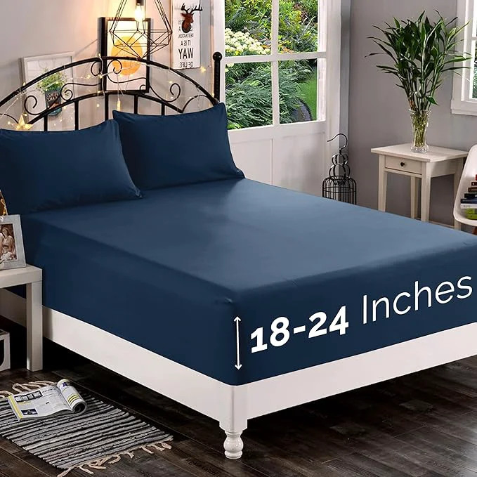 Elegant Comfort 1500 Premium Quality Fitted Sheet Ultra Soft 18-24 Inch Extra Deep Pocket – Single Fitted Sheet for High Mattress – Wrinkle with Smart Storage Pockets Twin Twin XL Navy Blue Eco-Friendly